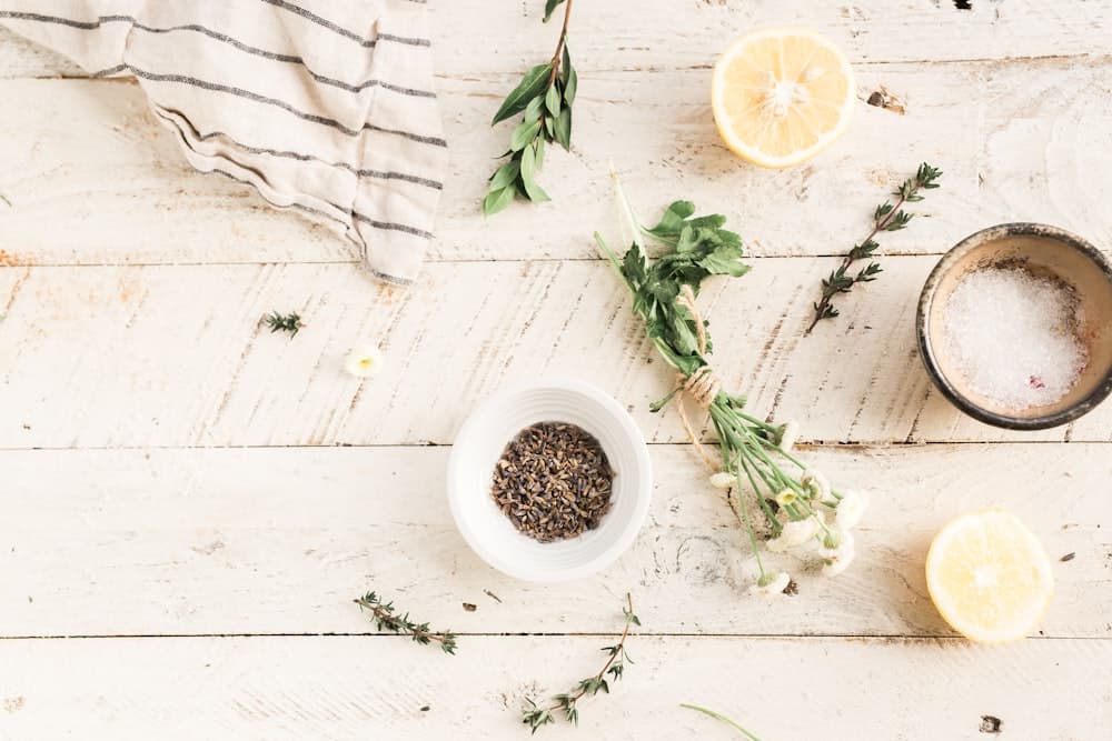 Flat lay of healing herbs used in holistic and energy healing practices